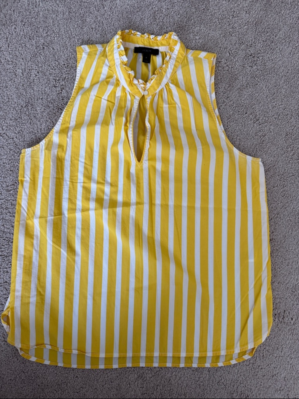 J.Crew Yellow & White Striped Sleeveless Ruffle Neck Top